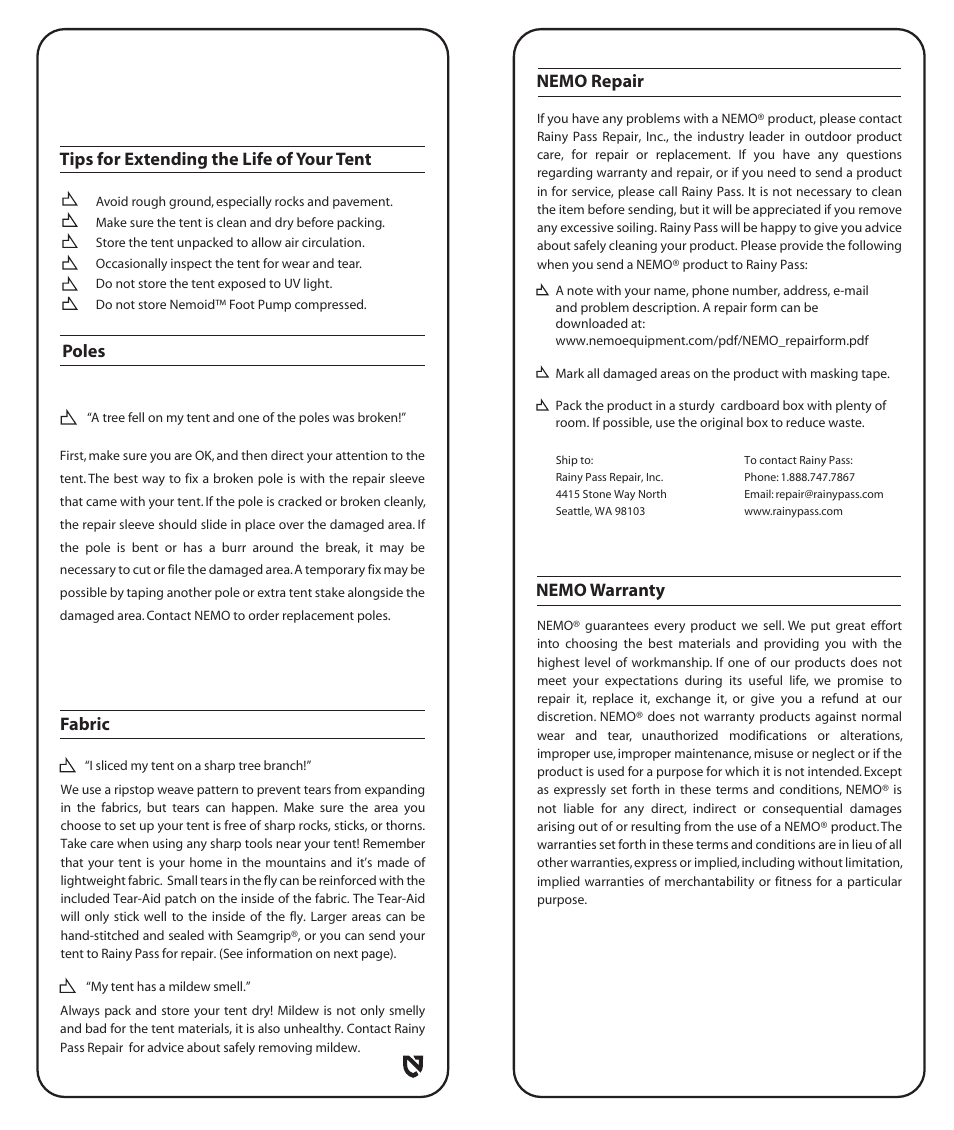 Nemo repair nemo warranty, Tips for extending the life of your tent fabric, Poles | NEMO Equipment NANO O User Manual | Page 6 / 8