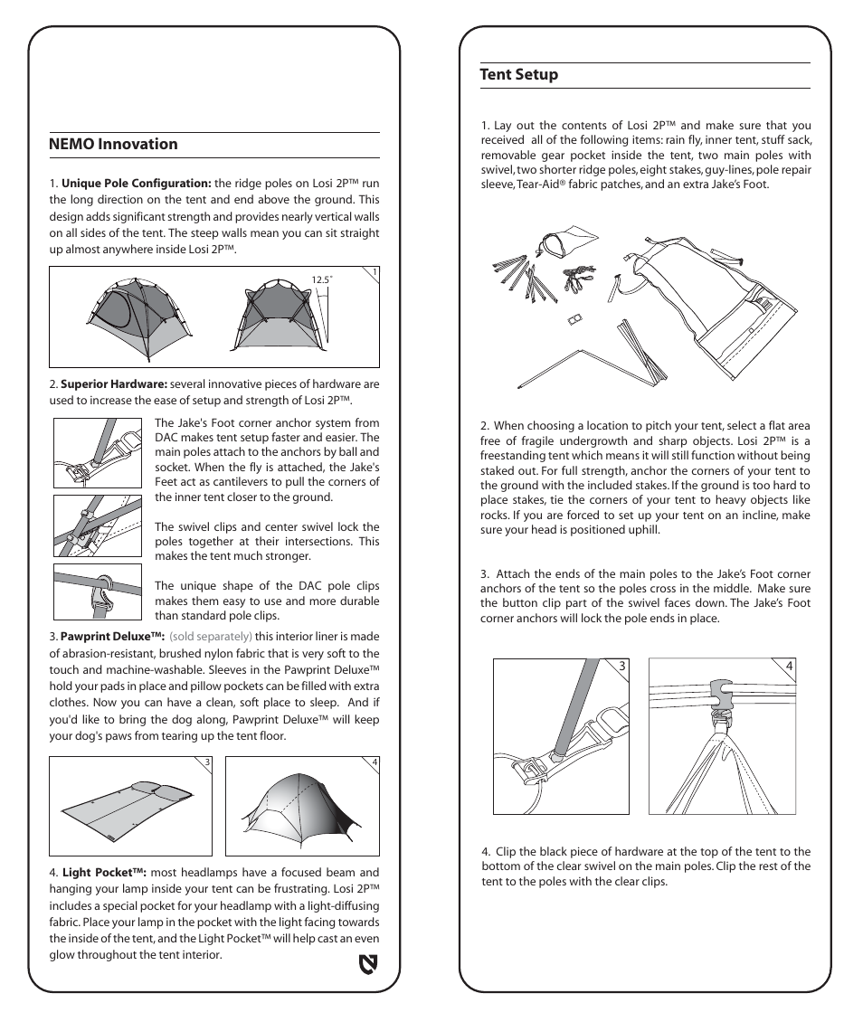 Tent setup, Nemo innovation | NEMO Equipment LOSI 2 User Manual | Page 3 / 8