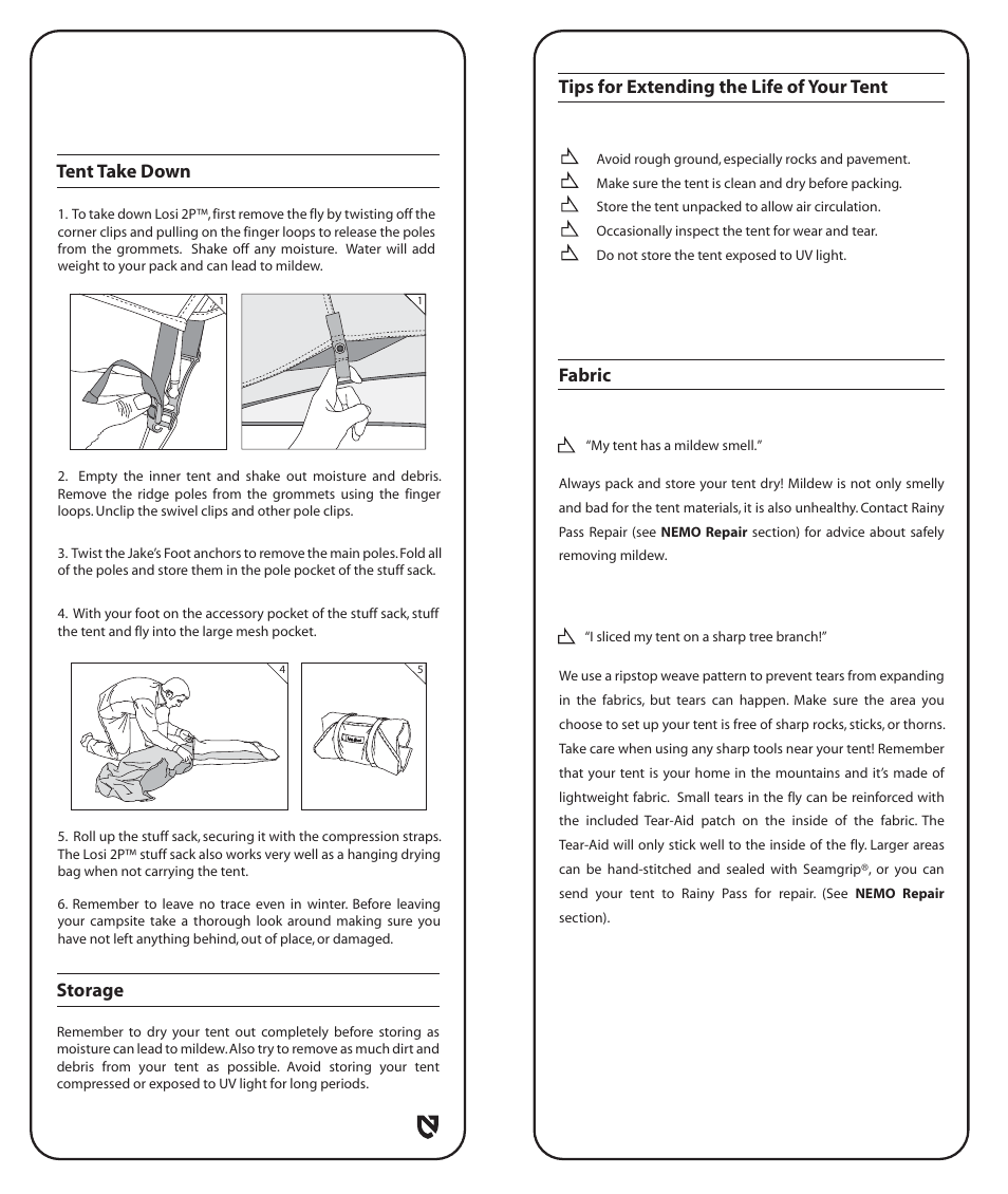 Tips for extending the life of your tent fabric, Tent take down storage | NEMO Equipment LOSI 2 User Manual | Page 5 / 8