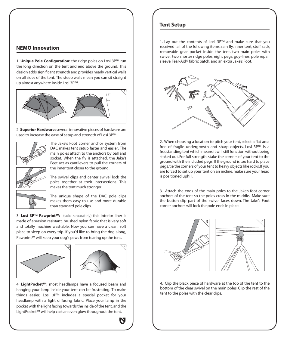 Tent setup, Nemo innovation | NEMO Equipment LOSI 3 User Manual | Page 3 / 8