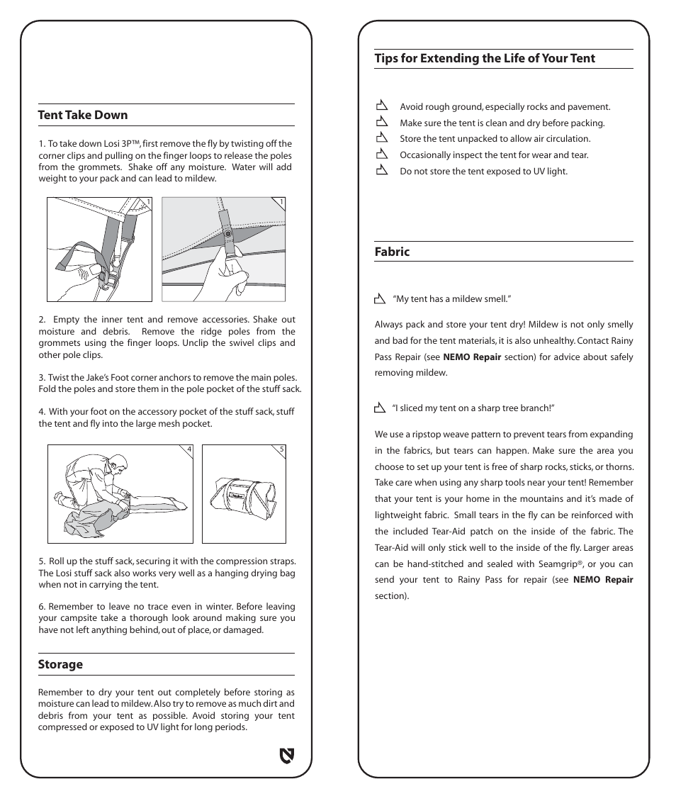 Tips for extending the life of your tent fabric, Tent take down storage | NEMO Equipment LOSI 3 User Manual | Page 5 / 8