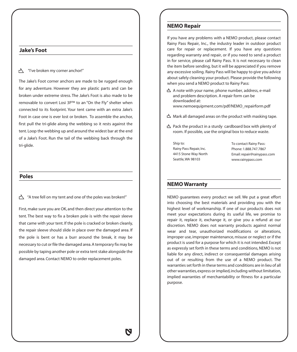 Nemo warranty, Nemo repair, Jake’s foot poles | NEMO Equipment LOSI 3 User Manual | Page 6 / 8