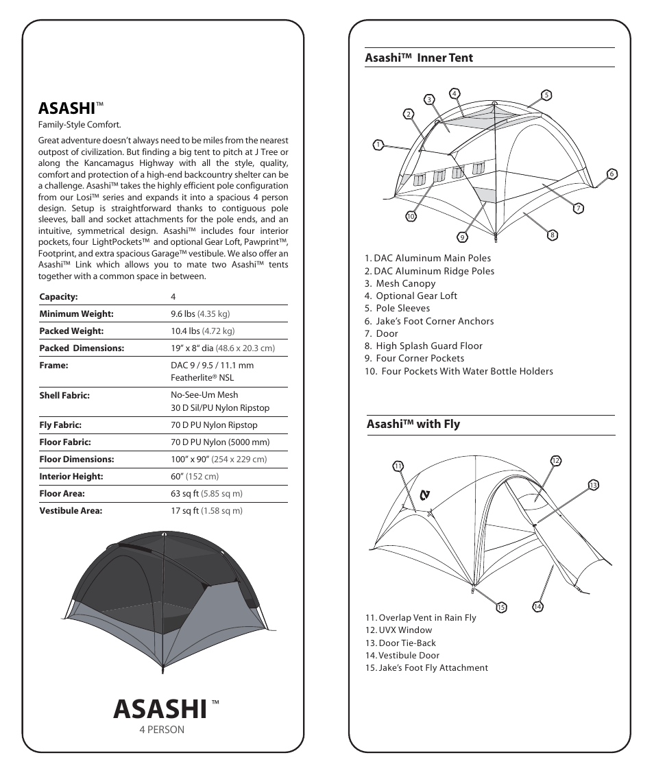 Asashi, Asashi™ with fly asashi™ inner tent | NEMO Equipment ASASH User Manual | Page 2 / 8