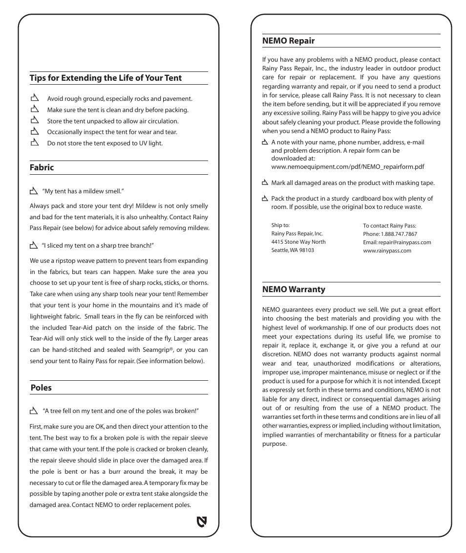 Nemo warranty, Nemo repair, Poles | Tips for extending the life of your tent fabric | NEMO Equipment ASASH User Manual | Page 6 / 8