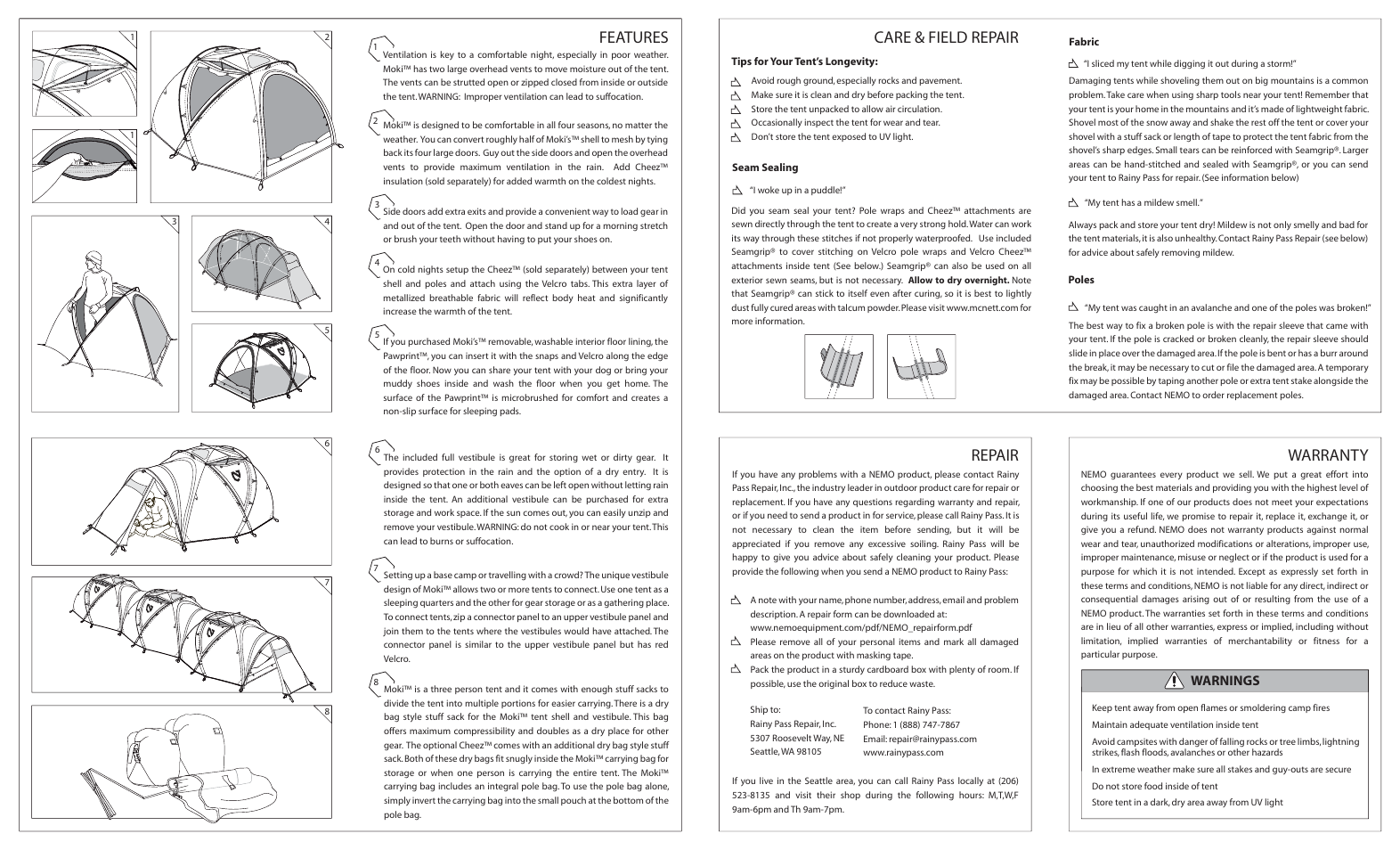 Moki b.pdf, Care & field repair, Warranty repair | Features, Warnings | NEMO Equipment MOK User Manual | Page 2 / 2