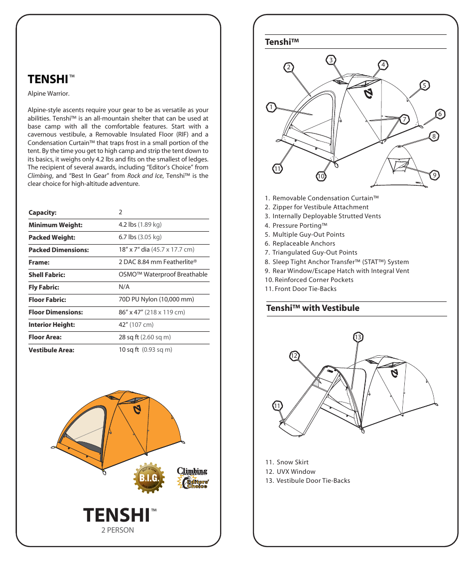 Tenshi, Tenshi™ with vestibule tenshi | NEMO Equipment TENSH User Manual | Page 2 / 8