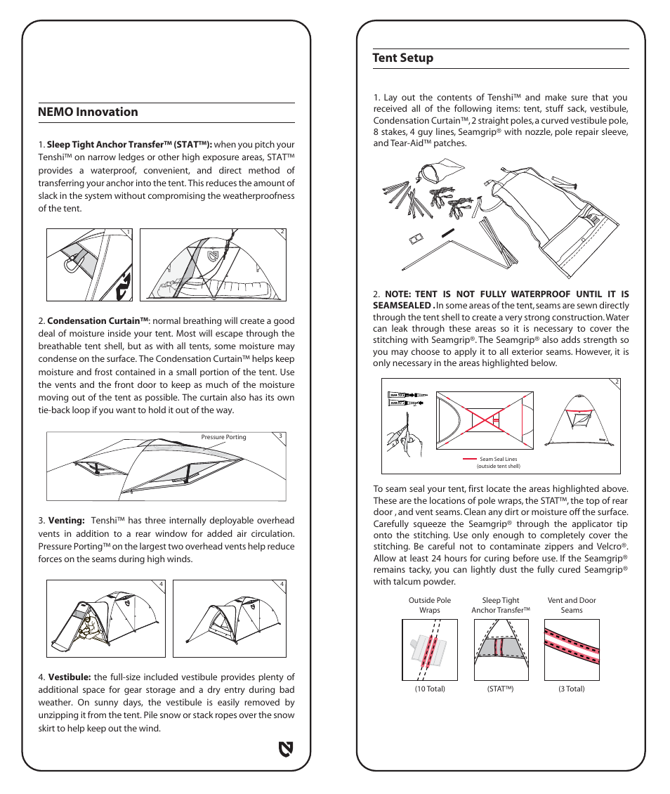 Tent setup, Nemo innovation | NEMO Equipment TENSH User Manual | Page 3 / 8