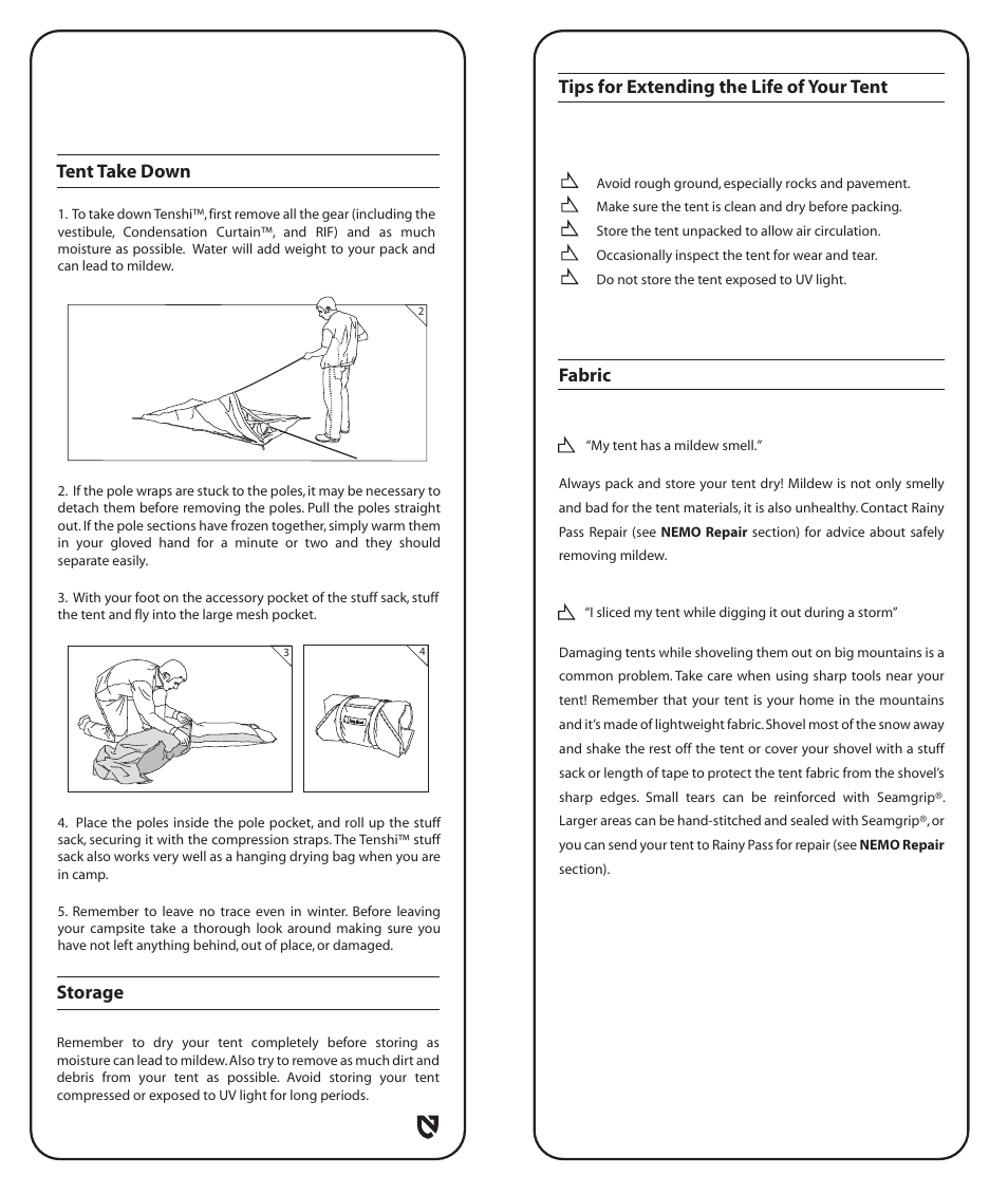 Tips for extending the life of your tent fabric, Tent take down storage | NEMO Equipment TENSH User Manual | Page 5 / 8