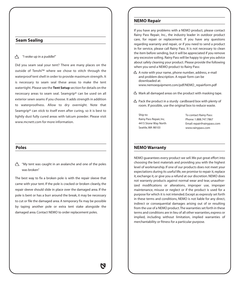 Nemo warranty, Nemo repair, Seam sealing poles | NEMO Equipment TENSH User Manual | Page 6 / 8