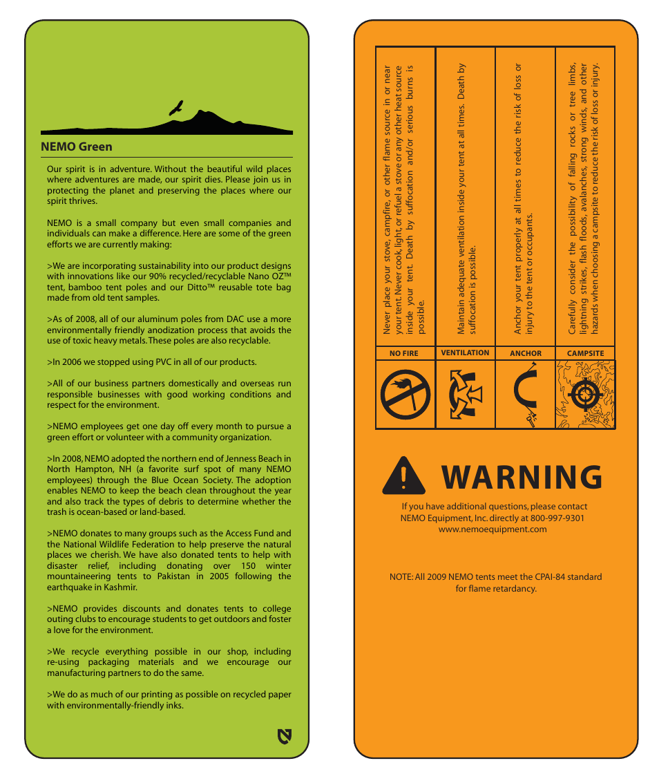 Warning, Nemo green | NEMO Equipment TENSH User Manual | Page 7 / 8