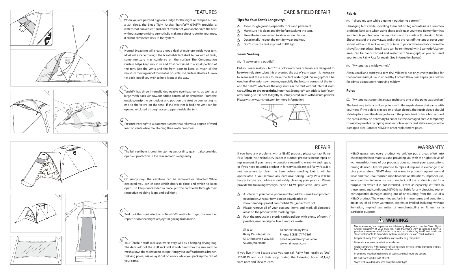 Care & field repair, Warranty repair, Features | Warnings | NEMO Equipment TENSH User Manual | Page 2 / 2