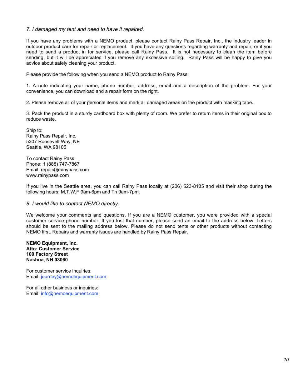 NEMO Equipment TENSH User Manual | Page 7 / 7