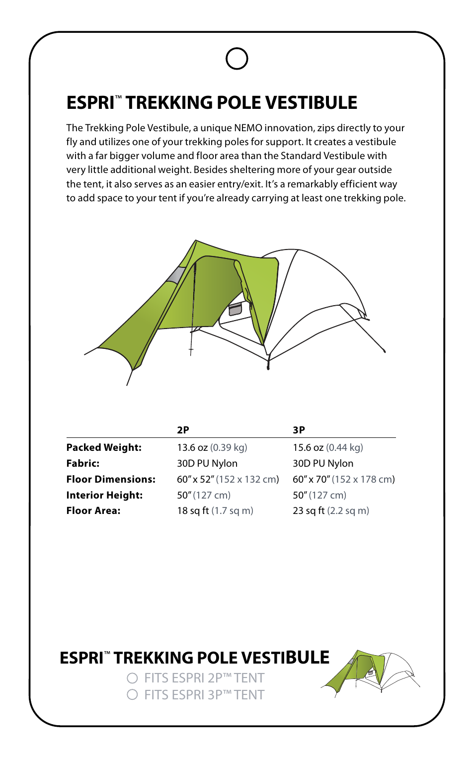 Bule espri, Trekking pole vestibule, Espri | Trekking pole vesti, Fits espri 2p™ tent fits espri 3p™ tent | NEMO Equipment ESPR TREKKING POLE User Manual | Page 3 / 7