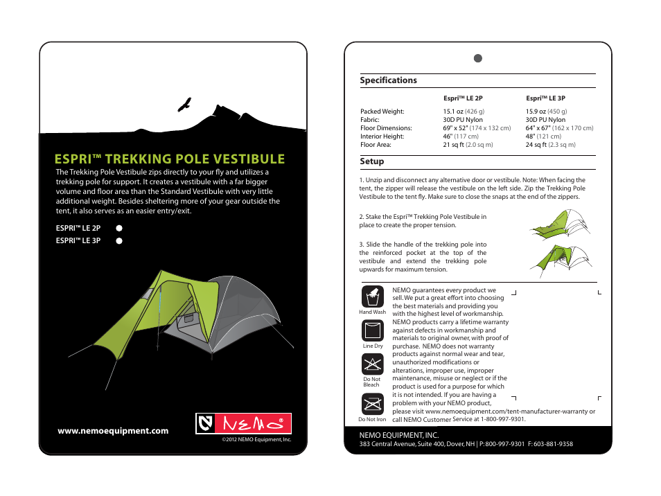NEMO Equipment ESPR TREKKING POLE VESTIBULE User Manual | 1 page