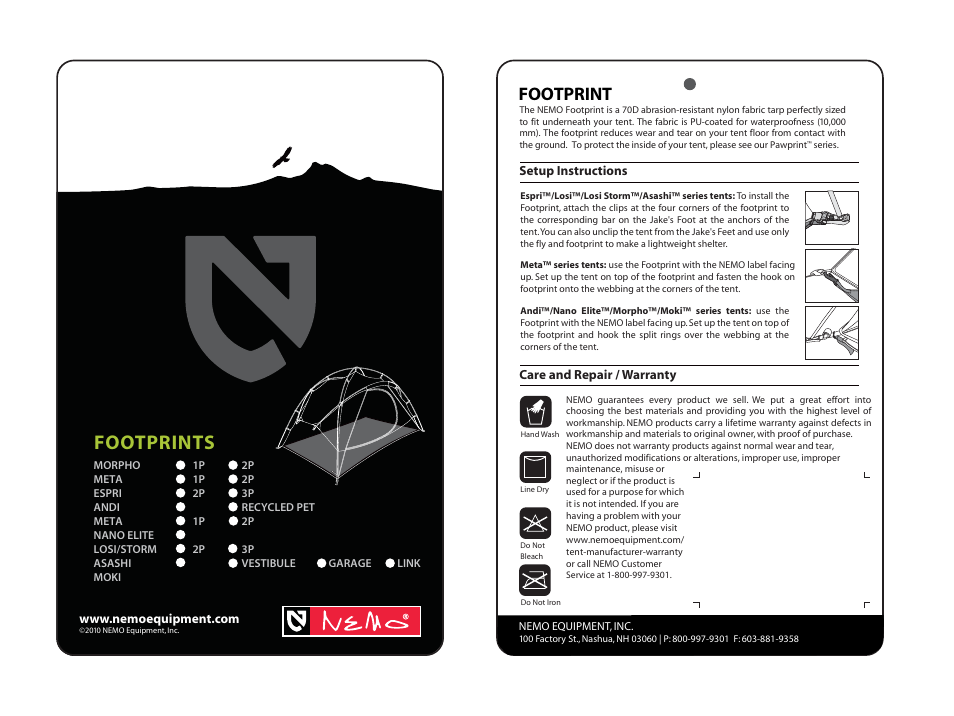 NEMO Equipment FOOTPRINTS User Manual | 1 page