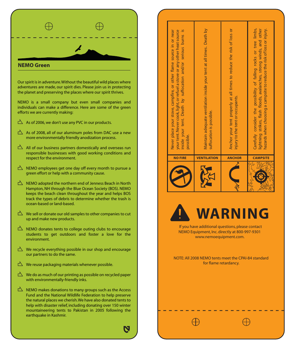 Warning, Nemo green | NEMO Equipment APR LINER User Manual | Page 3 / 4