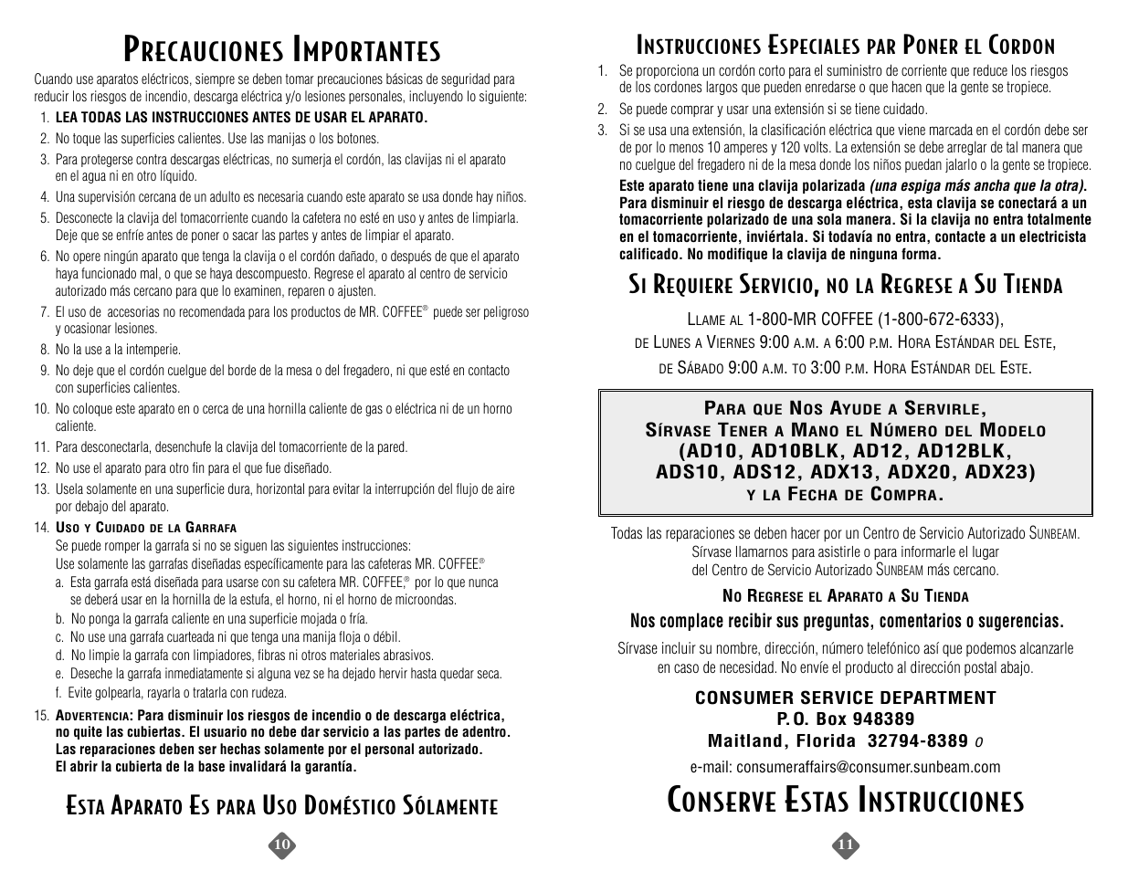 Recauciones, Mportantes, Onserve | Stas, Nstrucciones | Capresso AD12BLK User Manual | Page 11 / 20