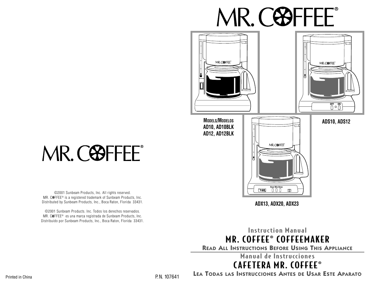 Mr. coffee ® coffeemaker, C a fe tera mr. coffee, Instr uc tion manual | Manual de instr uccione s, Ads10, ads12 | Capresso AD12BLK User Manual | Page 20 / 20