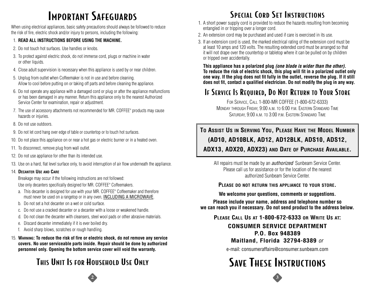 Mportant, Afeguards, Hese | Nstructions | Capresso AD12BLK User Manual | Page 3 / 20