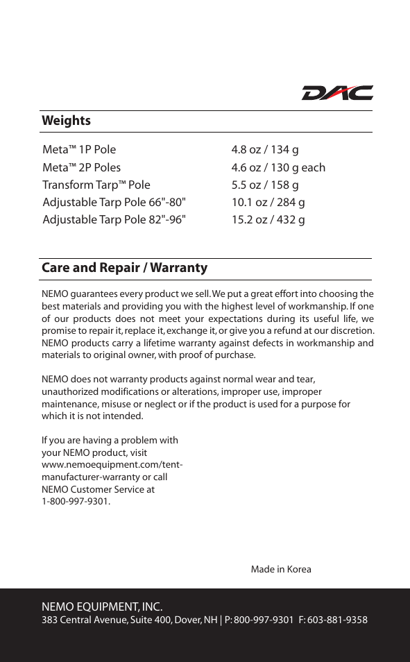 Weights care and repair / warranty | NEMO Equipment TARP POLES User Manual | Page 2 / 2