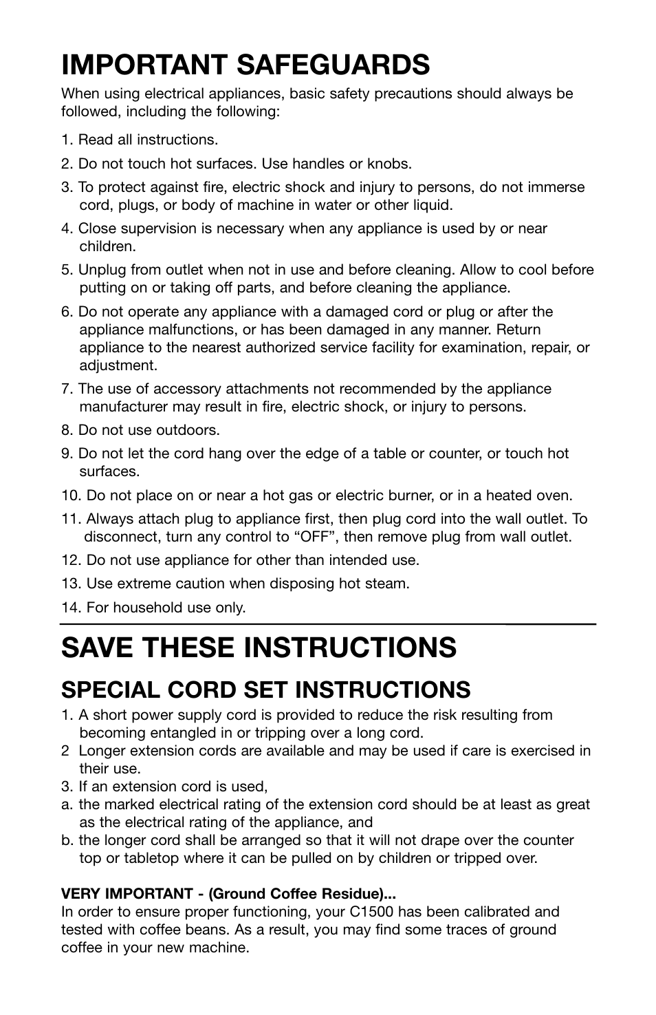 Important safeguards, Save these instructions, Special cord set instructions | Capresso 158 User Manual | Page 2 / 23