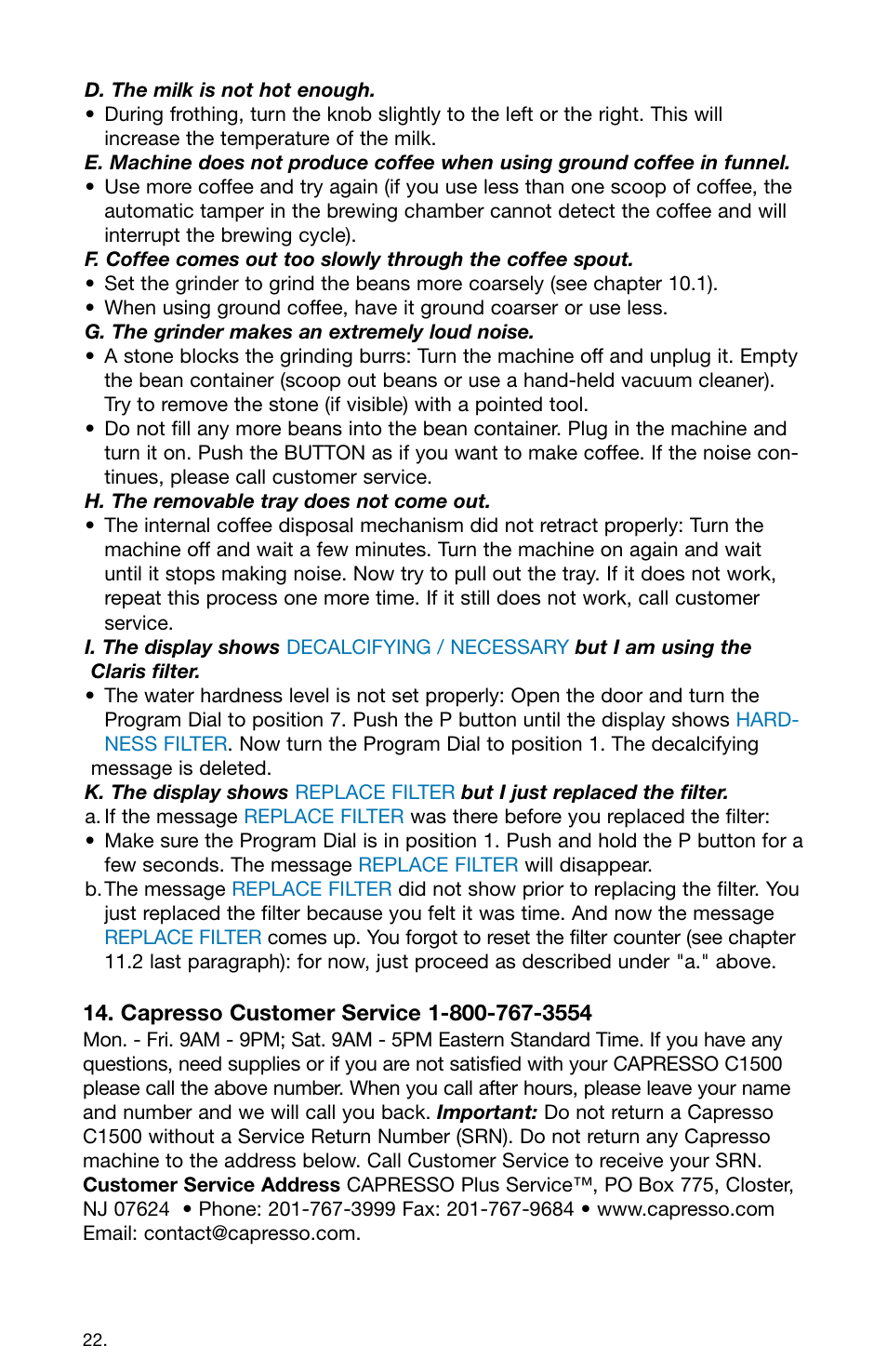 Capresso 158 User Manual | Page 22 / 23