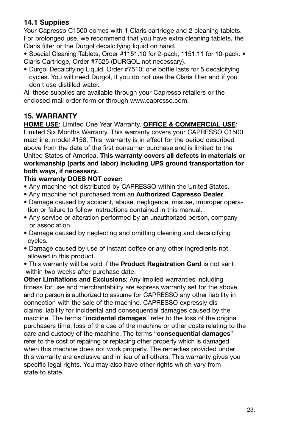 Capresso 158 User Manual | Page 23 / 23