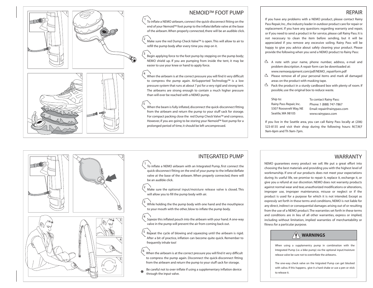Warranty, Nemoid™ foot pump, Integrated pump | Repair, Warnings | NEMO Equipment INTEGRATED PUMP User Manual | Page 2 / 2