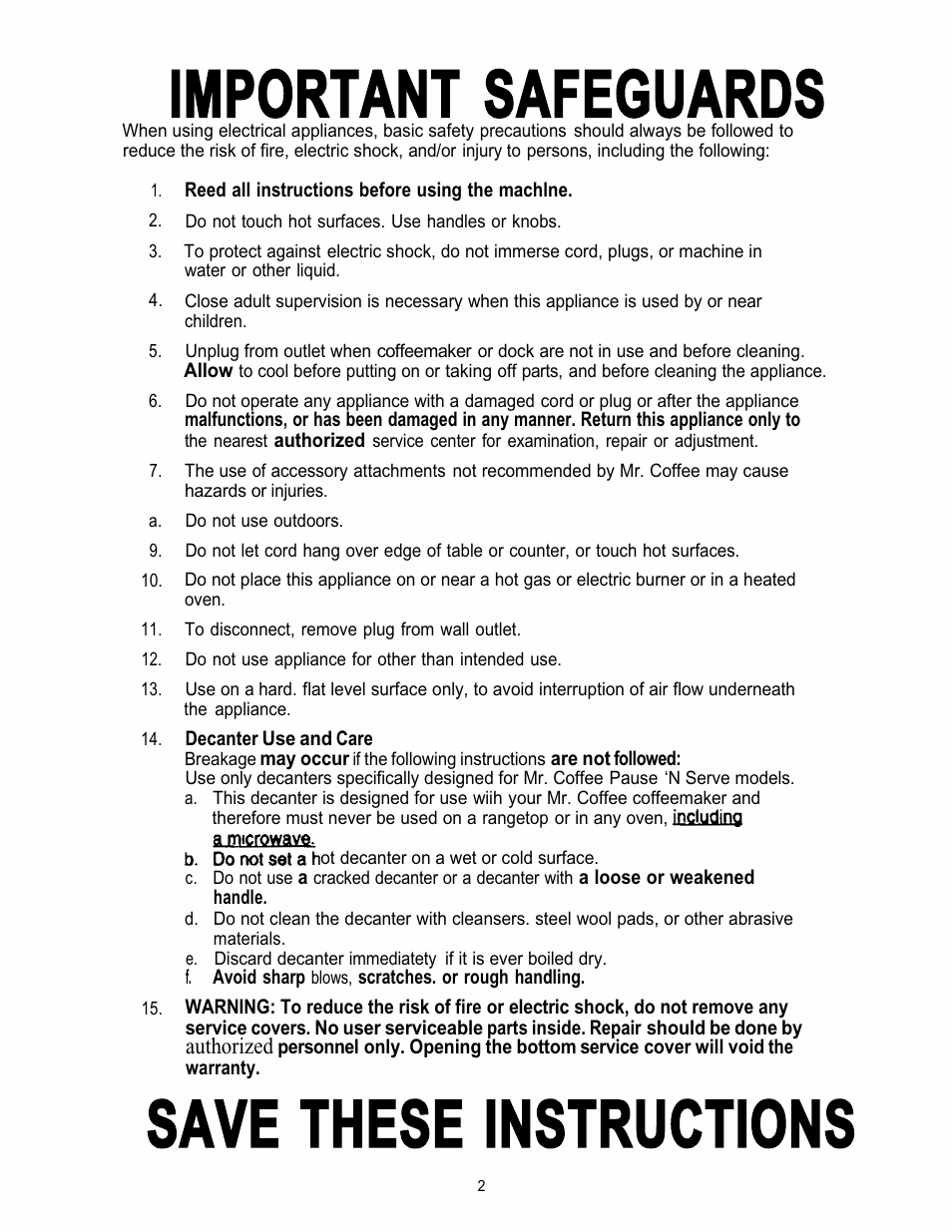 Important safeguards, Save these instructions | Capresso CS10 User Manual | Page 2 / 16