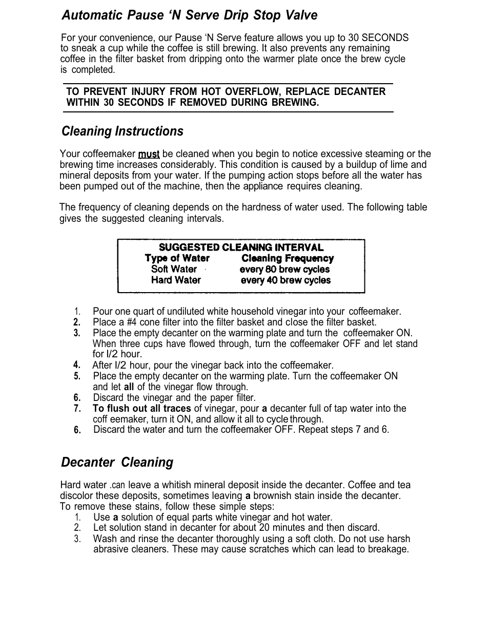 Automatic pause ‘n serve drip stop valve, Cleaning ins tructions, Decanter cleaning | Capresso CS10 User Manual | Page 6 / 16