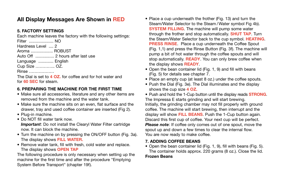 All display messages are shown in red | Capresso E Series User Manual | Page 11 / 24