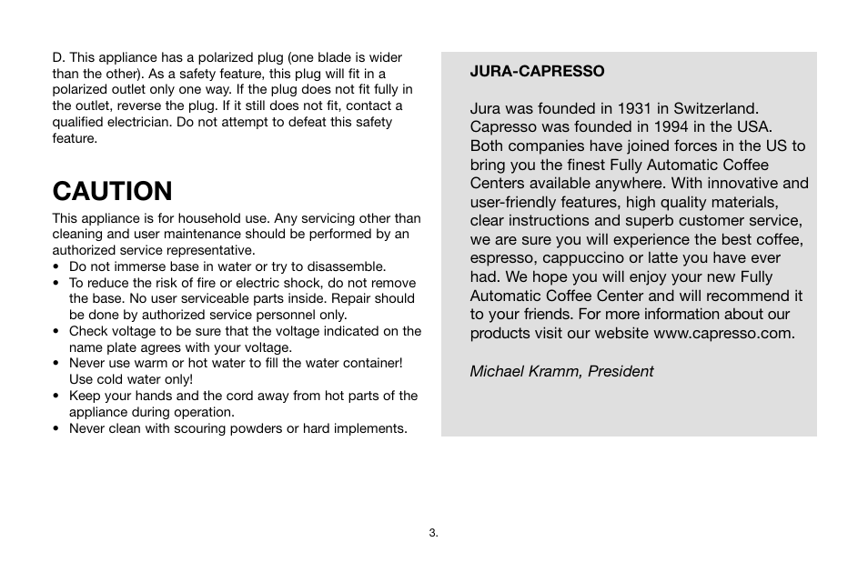 Caution | Capresso E Series User Manual | Page 3 / 24