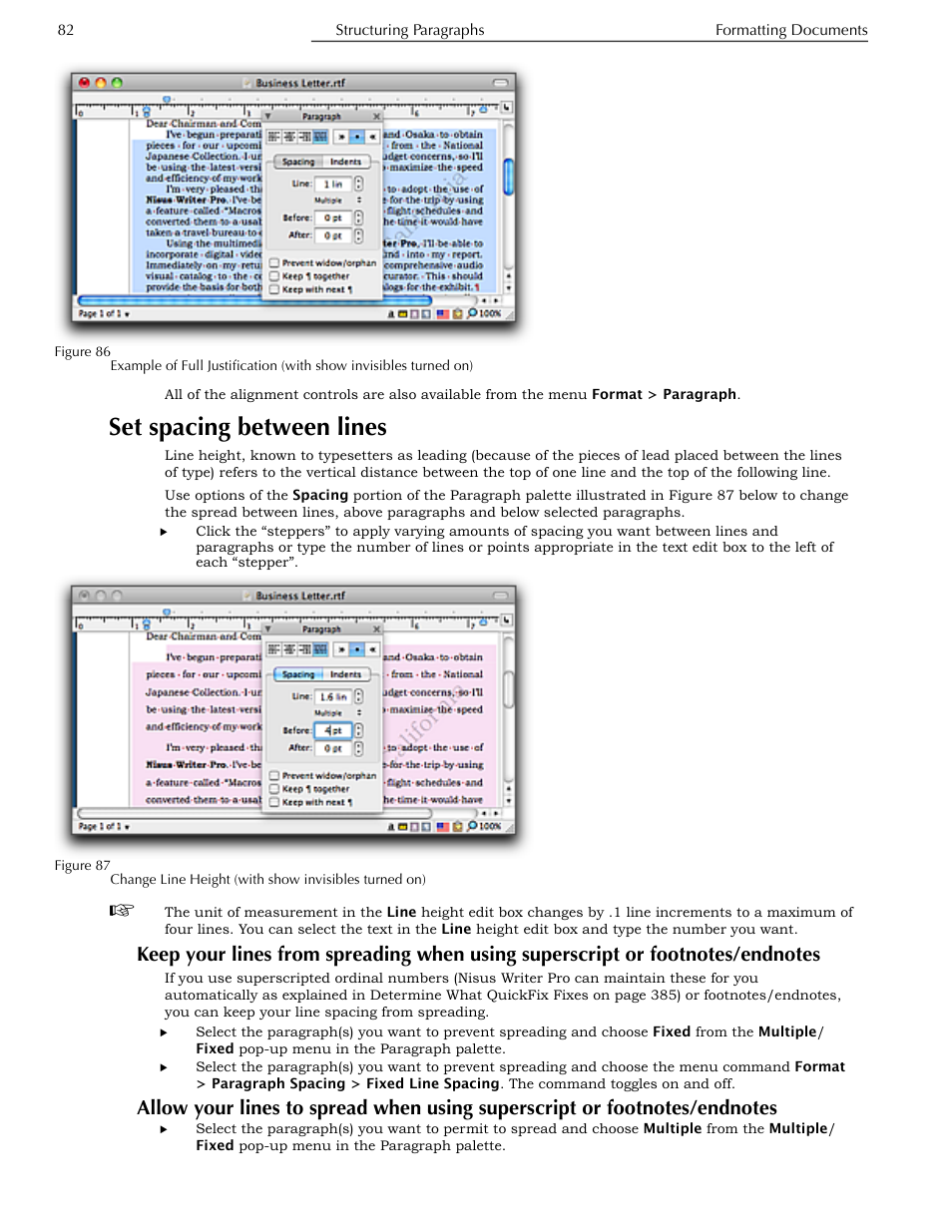 Set spacing between lines, Superscript or footnotes/endnotes, Footnotes/endnotes | Nisus Writer Pro User Manual | Page 102 / 525
