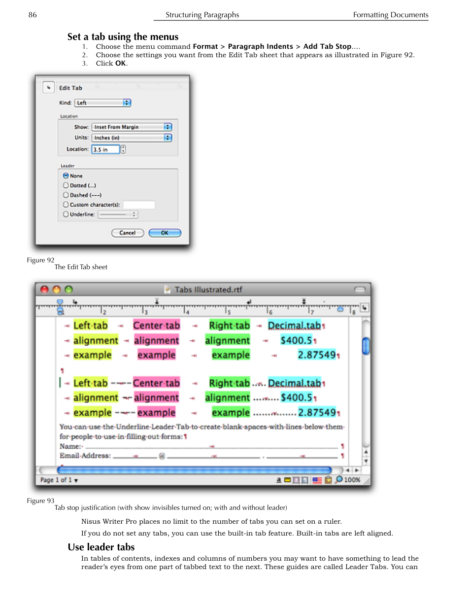 Set a tab using the menus, Use leader tabs | Nisus Writer Pro User Manual | Page 106 / 525