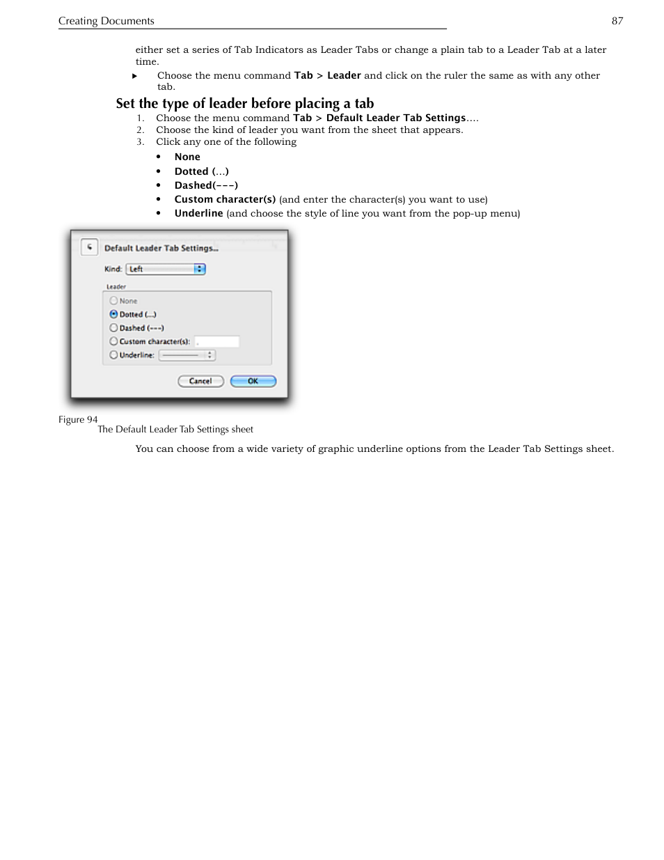 Set the type of leader before placing a tab | Nisus Writer Pro User Manual | Page 107 / 525