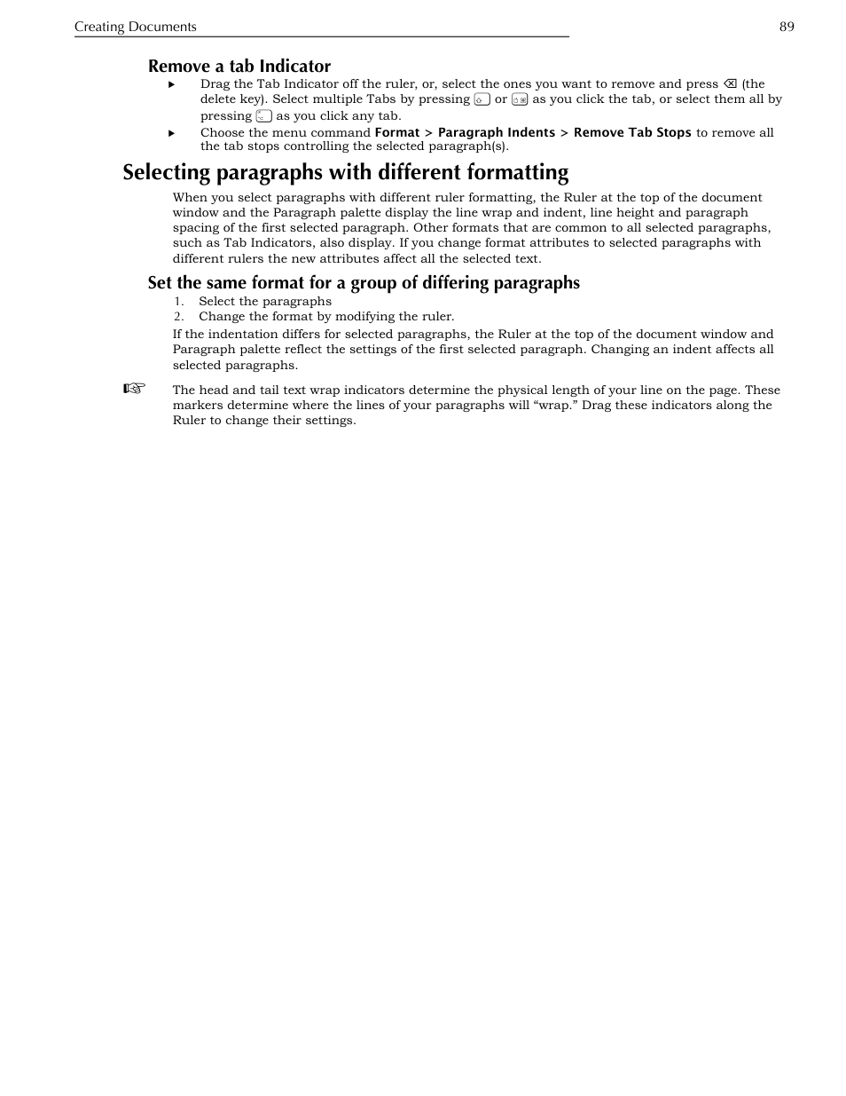 Remove a tab indicator, Selecting paragraphs with different formatting, Selecting paragraphs with different formatting 89 | Paragraphs | Nisus Writer Pro User Manual | Page 109 / 525