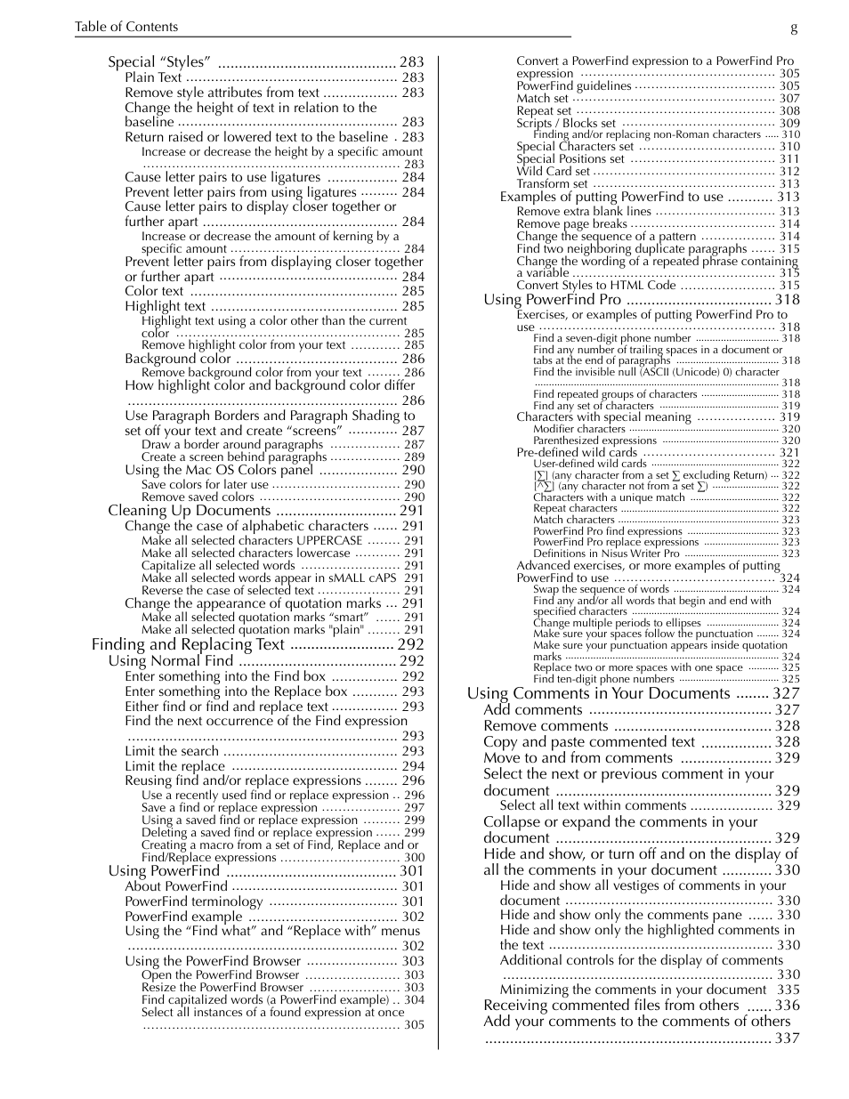 Finding and replacing text 292, Using comments in your documents 327 | Nisus Writer Pro User Manual | Page 11 / 525
