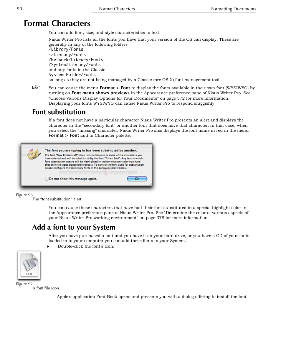 Format characters, Font substitution, Add a font to your system | Nisus Writer Pro User Manual | Page 110 / 525