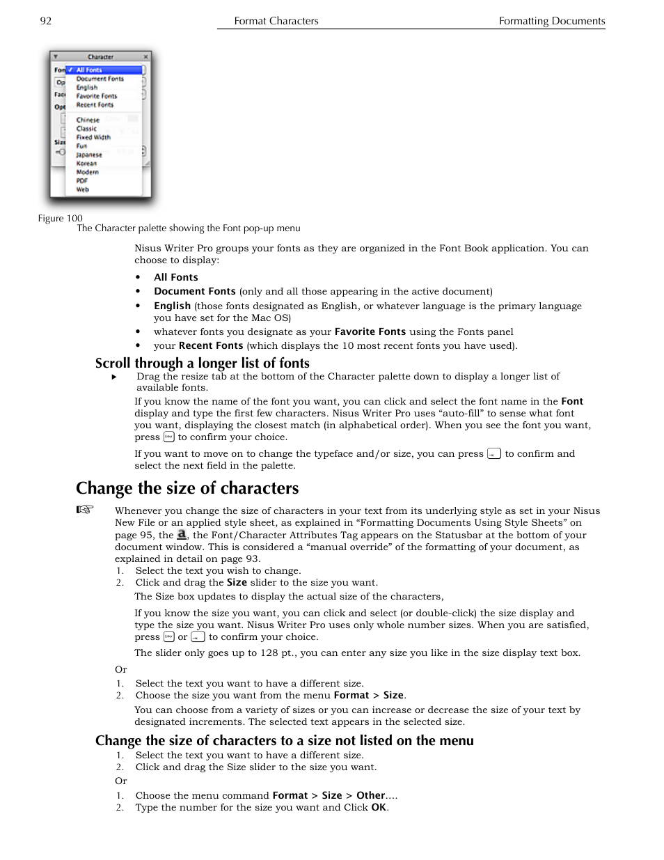 Scroll through a longer list of fonts, Change the size of characters, The menu | And figure 100 | Nisus Writer Pro User Manual | Page 112 / 525