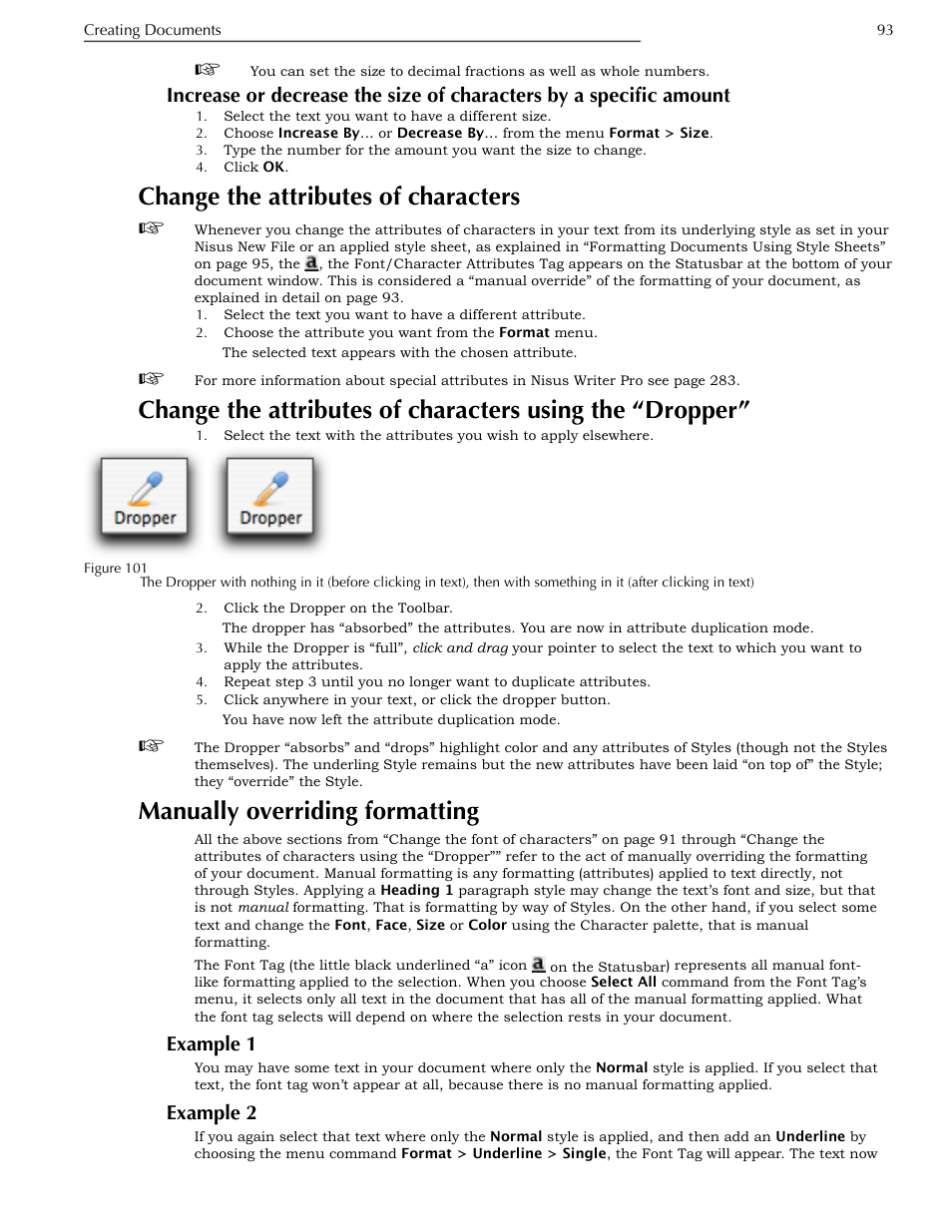 Change the attributes of characters, Manually overriding formatting, Example 1 | Example 2, Specific amount, Dropper, Ge 93 | Nisus Writer Pro User Manual | Page 113 / 525