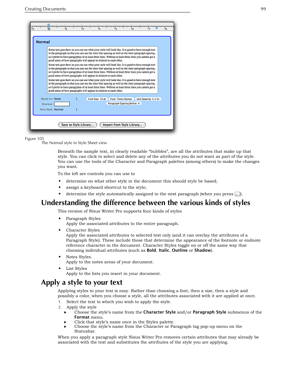Apply a style to your text, Kinds of styles | Nisus Writer Pro User Manual | Page 119 / 525