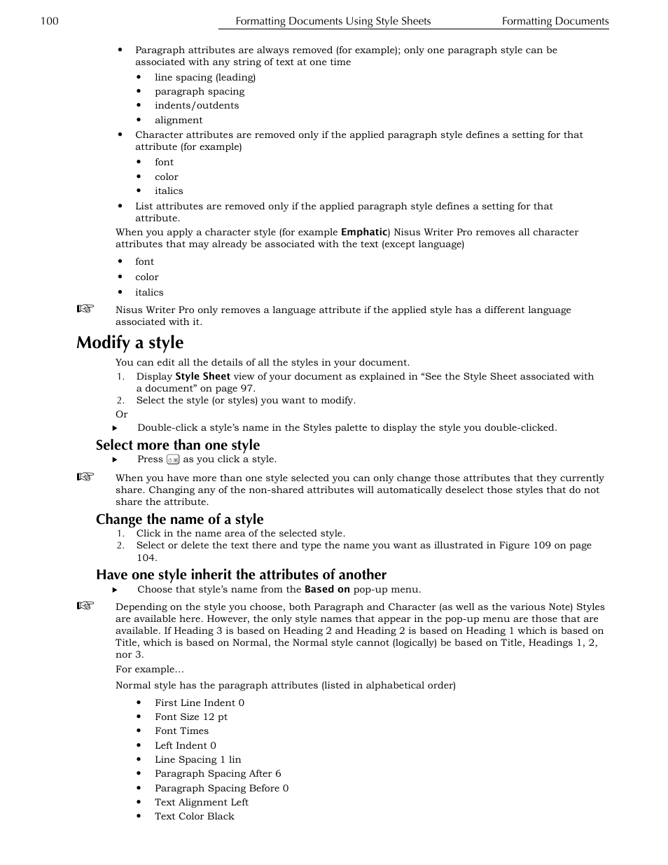 Modify a style, Select more than one style, Change the name of a style | Have one style inherit the attributes of another | Nisus Writer Pro User Manual | Page 120 / 525