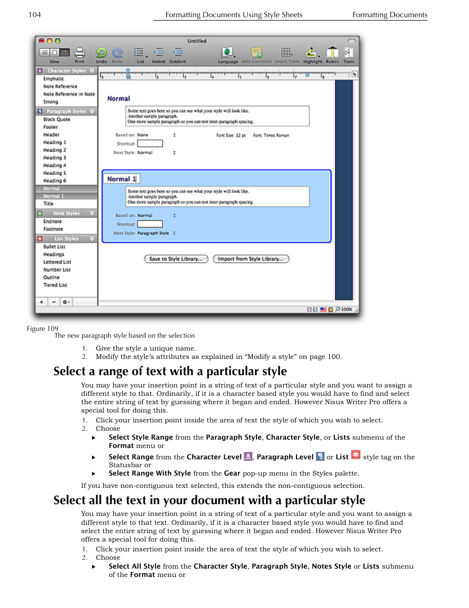 Select a range of text with a particular style, Particular style, Figure 109 | Nisus Writer Pro User Manual | Page 124 / 525