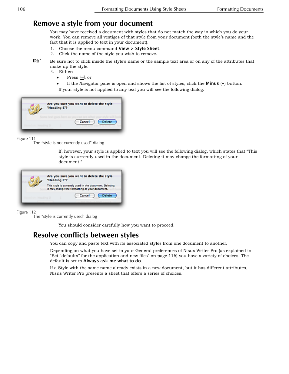 Remove a style from your document, Resolve conflicts between styles | Nisus Writer Pro User Manual | Page 126 / 525