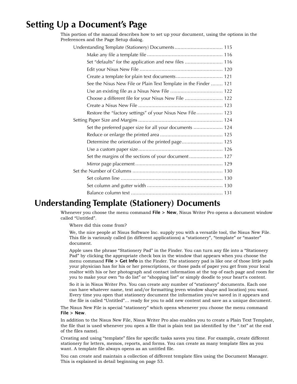 Understanding template (stationery) documents, Documents, Ge 115 | Setting up a document’s page | Nisus Writer Pro User Manual | Page 135 / 525