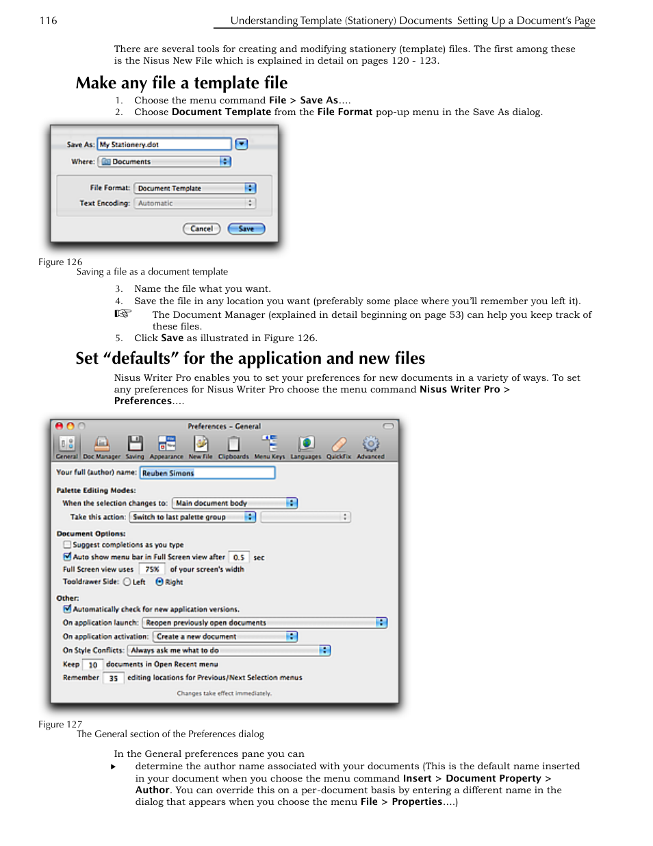 Make any file a template file, Set “defaults” for the application and new files, Figure 127 | Ge 116 | Nisus Writer Pro User Manual | Page 136 / 525