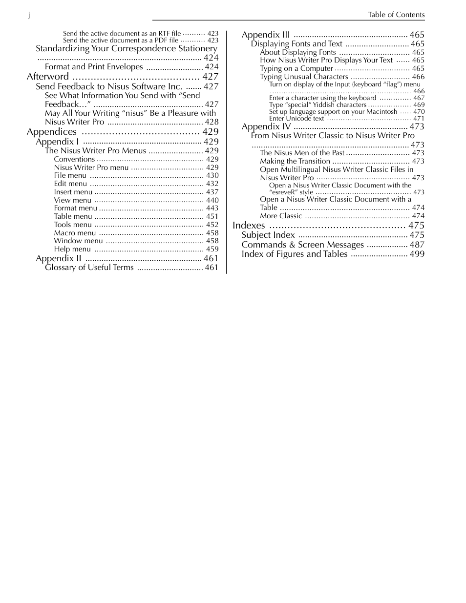 Afterword 427, Appendices 429, Indexes 475 | Nisus Writer Pro User Manual | Page 14 / 525