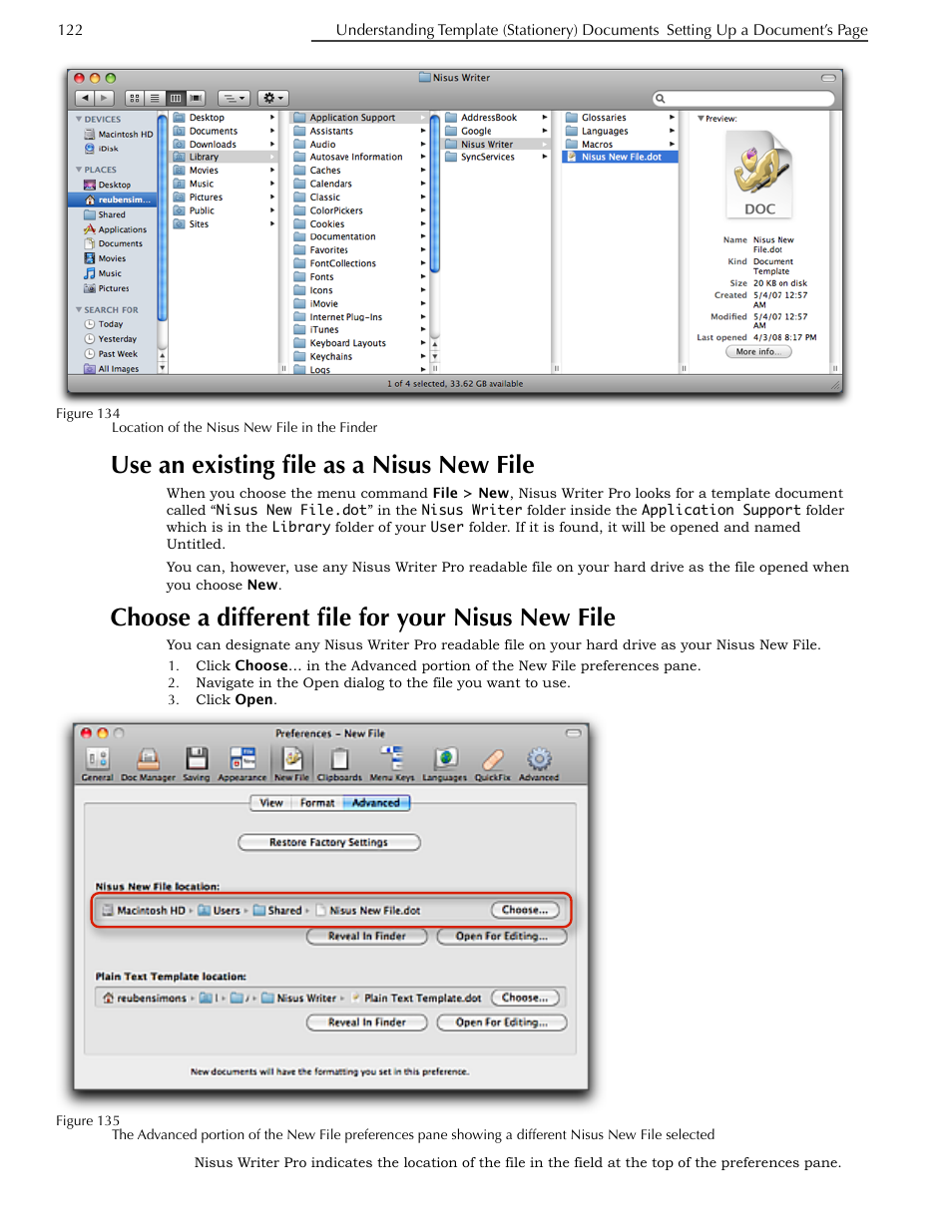 Use an existing file as a nisus new file, Choose a different file for your nisus new file | Nisus Writer Pro User Manual | Page 142 / 525