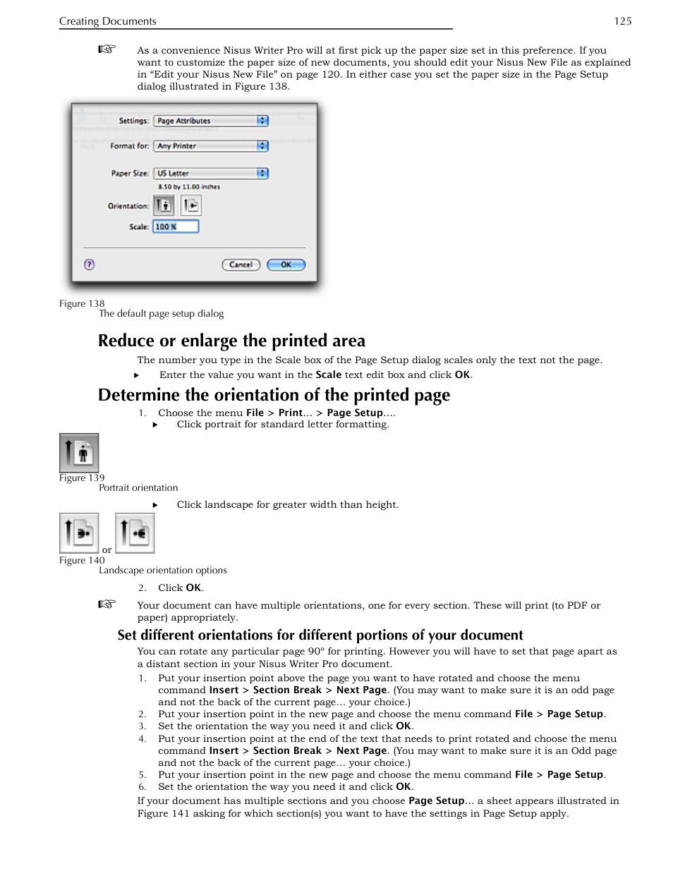 Reduce or enlarge the printed area, Your document, Determine the orientation of the printed page | Nisus Writer Pro User Manual | Page 145 / 525