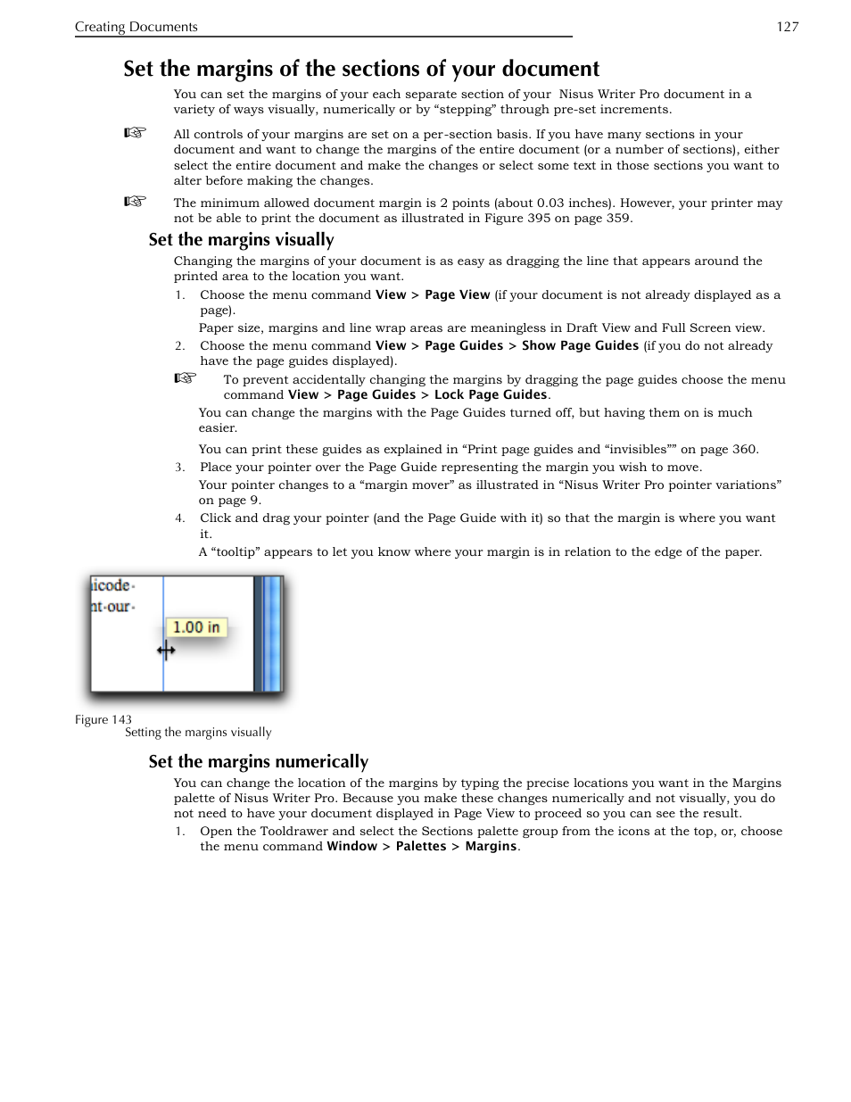 Set the margins of the sections of your document, Set the margins visually, Set the margins numerically | Nisus Writer Pro User Manual | Page 147 / 525